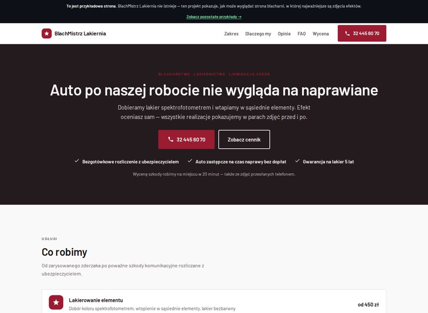 Przykładowa strona warsztatu samochodowego — BlachMistrz Lakiernia