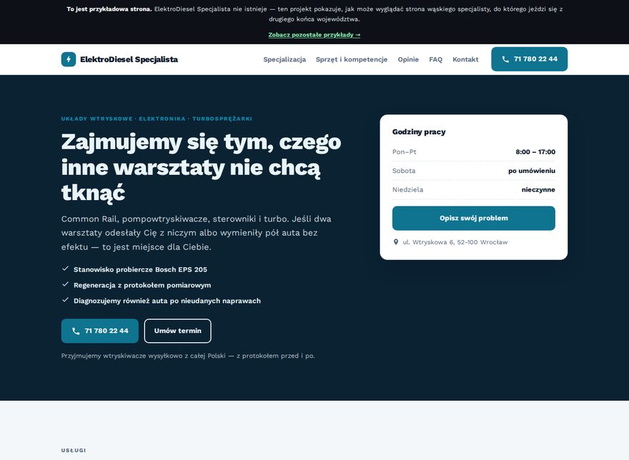 Przykładowa strona warsztatu samochodowego — ElektroDiesel Specjalista
