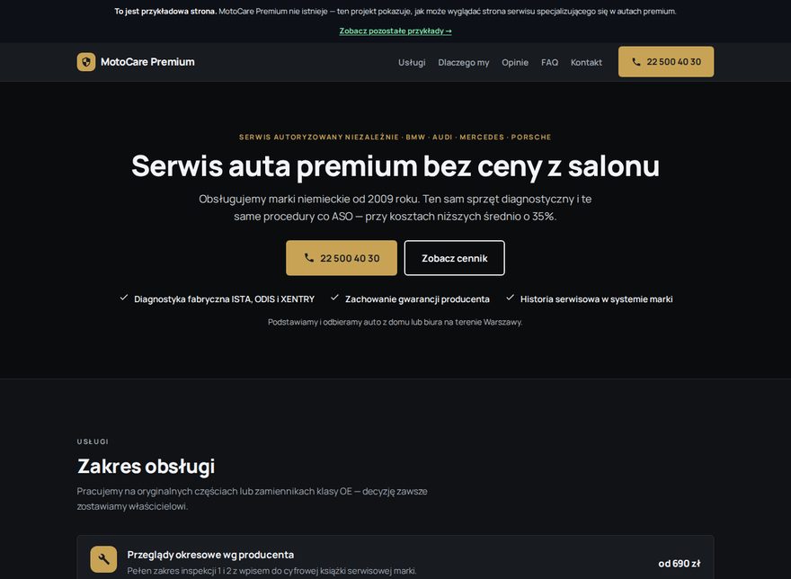 Przykładowa strona warsztatu samochodowego — MotoCare Premium