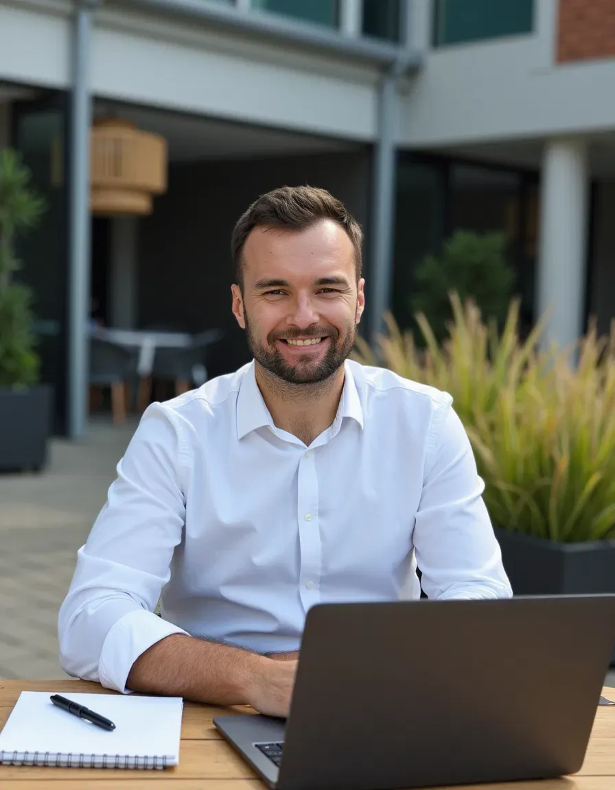 Michał Flisiuk przy laptopie