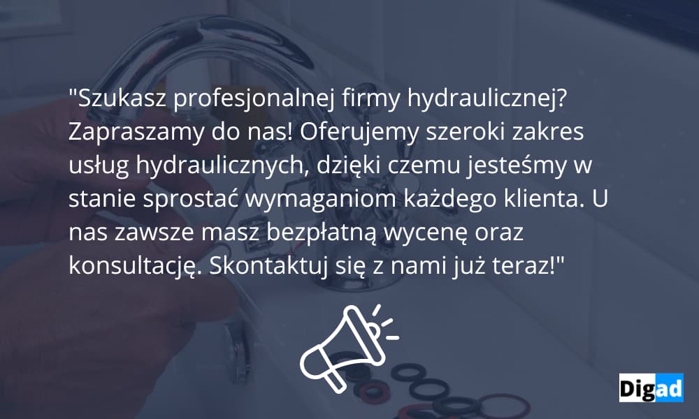 Reklama firmy hydraulicznej w 2026: co działa, a co przepala budżet 4 Wzór reklamy hydraulika pod awarię dziś: przeciek, zator, dojazd dziś i telefon
