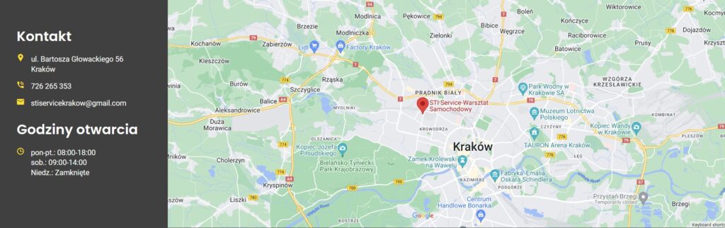 mapa oraz dane kontaktowe dla warsztatu samochodowego