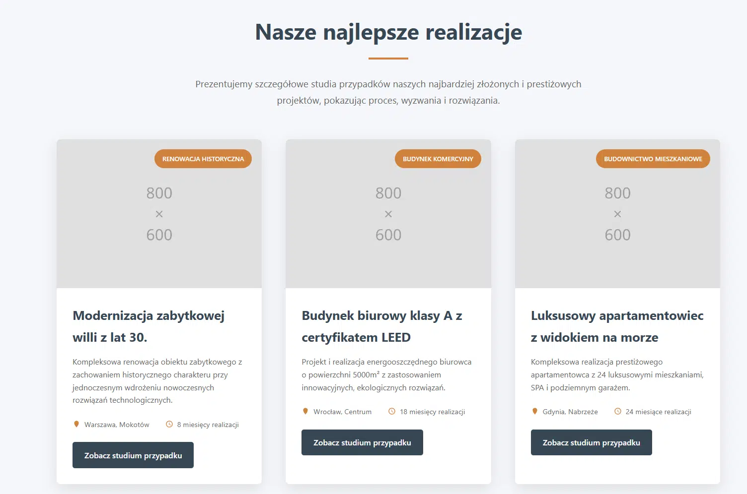 Sekcja opinii klientów na stronie internetowej firmy budowlanej