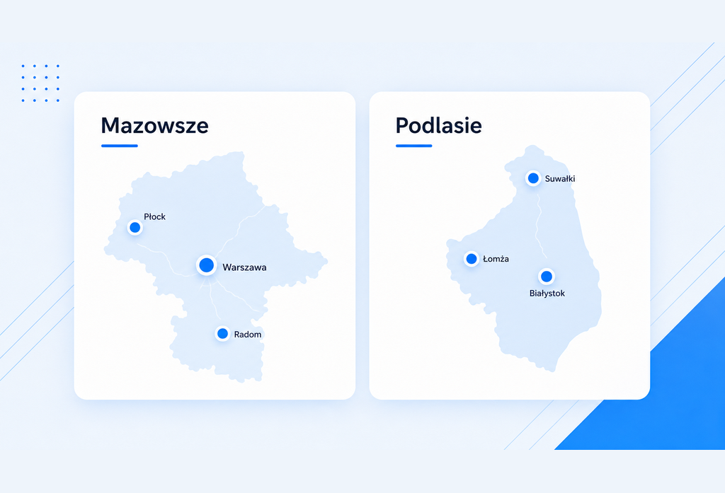 Mapa Polski z zaznaczonymi województwami mazowieckim (Warszawa, Płock, Radom) i podlaskim (Białystok, Suwałki, Łomża) jako obszar obecności Drims w internecie