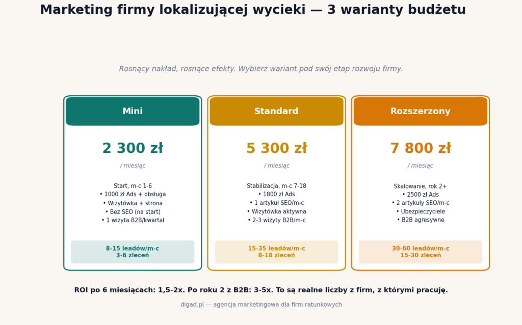 3 warianty budżetu marketingu firmy lokalizującej wycieki — mini 2300 zł, standard 5300 zł, rozszerzony 7800 zł, z efektami