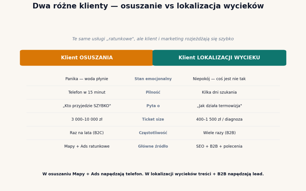 Porównanie klienta osuszania i klienta lokalizacji wycieku — stan emocjonalny, pilność, pytania, ticket size, częstotliwość, źródło