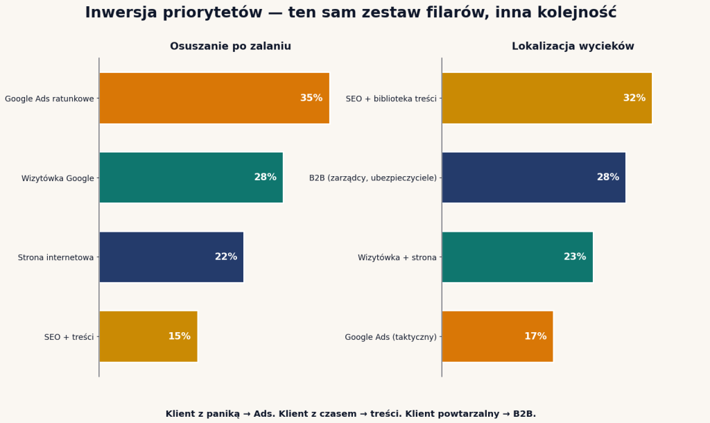 Inwersja priorytetów 4 filarów marketingu — osuszanie (Ads + wizytówka) vs lokalizacja wycieków (SEO + B2B)