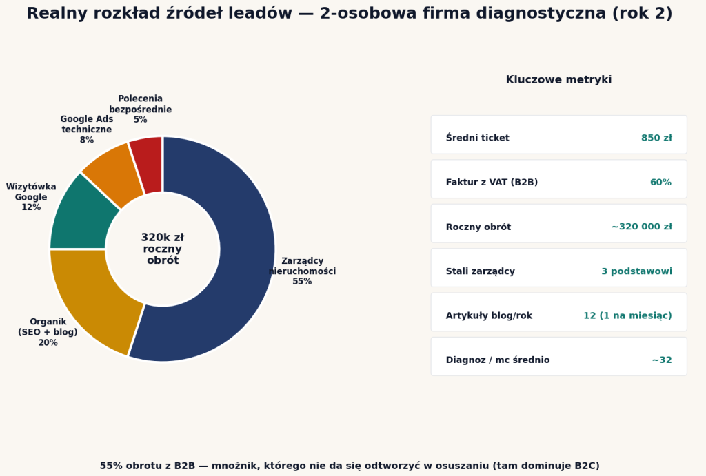 Realny rozkład źródeł leadów dla 2-osobowej firmy diagnostycznej w roku 2 — zarządcy 55%, organik 20%, wizytówka 12%, Ads 8%, polecenia 5%