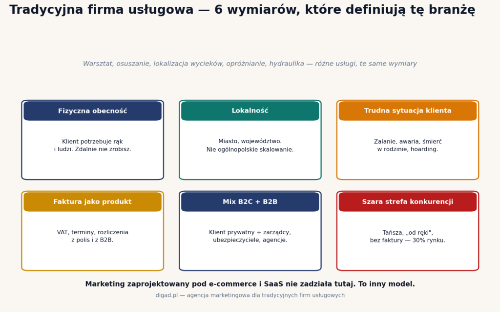 Sześć wymiarów tradycyjnej firmy usługowej: fizyczna obecność, lokalność, trudna sytuacja klienta, faktura jako produkt, mix B2C+B2B, szara strefa konkurencji