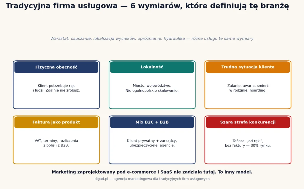 Sześć wymiarów tradycyjnej firmy usługowej: fizyczna obecność, lokalność, trudna sytuacja klienta, faktura jako produkt, mix B2C+B2B, szara strefa konkurencji