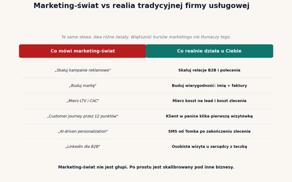 Porównanie marketing-świata vs realiów tradycyjnej firmy usługowej — sześć par różnic między tym co mówi LinkedIn a co realnie działa