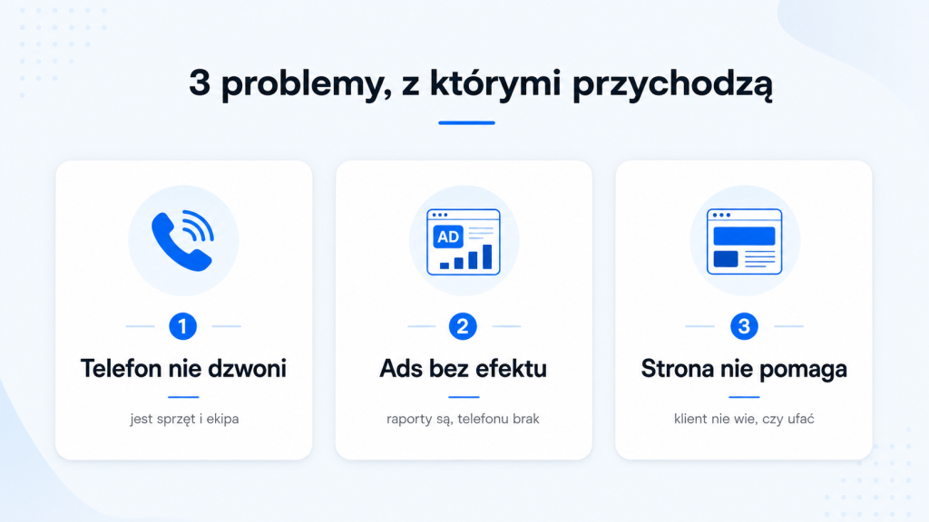 Nord-Help — case study marketingu firmy osuszającej mieszkania: 5+ lat współpracy i polecenie do Lublina 4 Trzy problemy firm od osuszania: telefon nie dzwoni, Ads bez efektu, strona nie pomaga