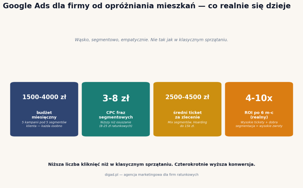 Google Ads dla firmy od opróżniania mieszkań — kluczowe liczby: 1500-4000 zł budżet, 3-8 zł CPC, 2500-4500 zł średni ticket, ROI 4-10x