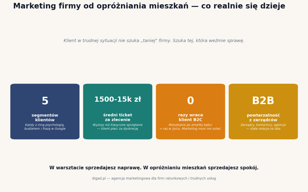 Marketing firmy od opróżniania mieszkań — 5 segmentów klienta, ticket 1500-15k zł, klient B2C nie wraca, B2B daje powtarzalność
