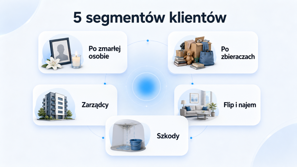 Pięć segmentów klientów firmy od opróżniania mieszkań: po zmarłej osobie, po zbieraczach, zarządcy, flip i najem oraz szkody