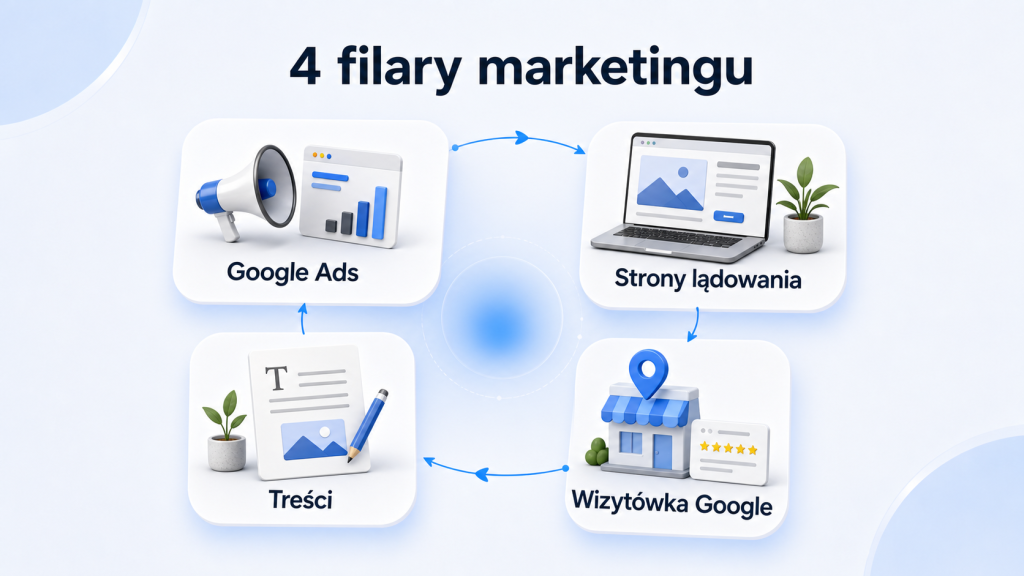 Cztery filary marketingu firmy od opróżniania mieszkań: Google Ads, strony lądowania, wizytówka Google i treści