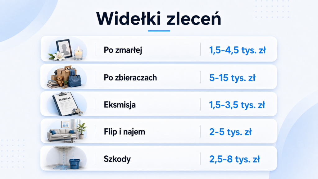 Widełki zleceń: po zmarłej osobie, po zbieraczach, eksmisja, flip i najem oraz szkody