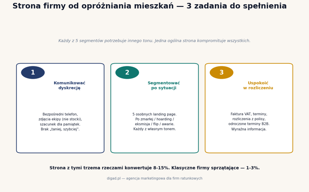 Strona firmy od opróżniania mieszkań — 3 zadania: dyskrecja, segmentacja po sytuacji, jasne rozliczenie