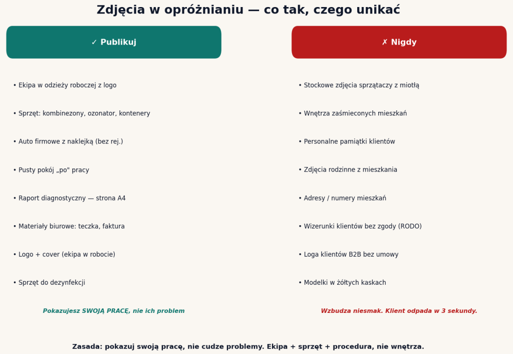 Zdjęcia w strony firmy od opróżniania — co publikować (ekipa, sprzęt, raport) vs czego unikać (stocki, wnętrza klientów, pamiątki)