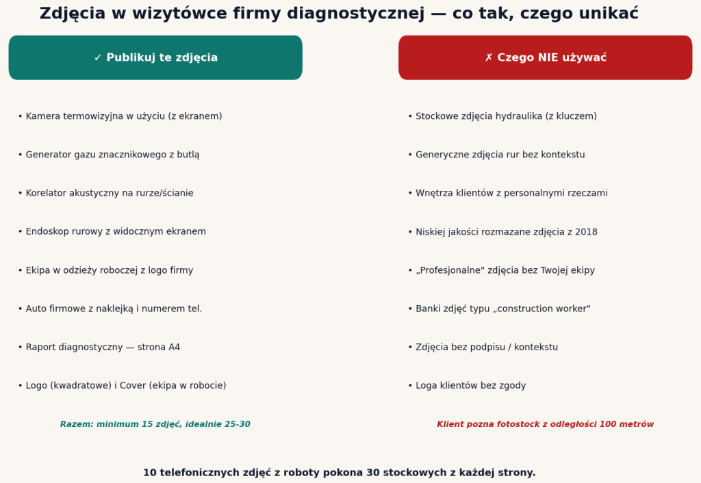 Zdjęcia w wizytówce firmy diagnostycznej — co publikować (sprzęt, ekipa, auto, raport) i czego unikać (stocki, generic, wnętrza klientów)