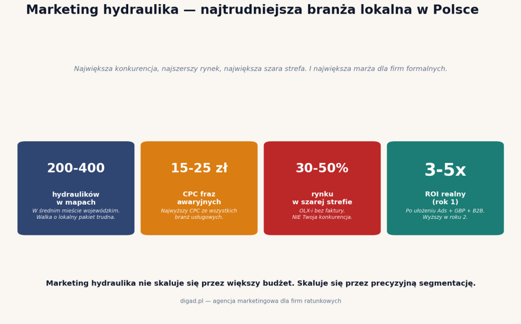 Marketing hydraulika — kluczowe liczby: 200-400 hydraulików w mapach, CPC 15-25 zł, 30-50% rynku w szarej strefie, ROI 3-5x