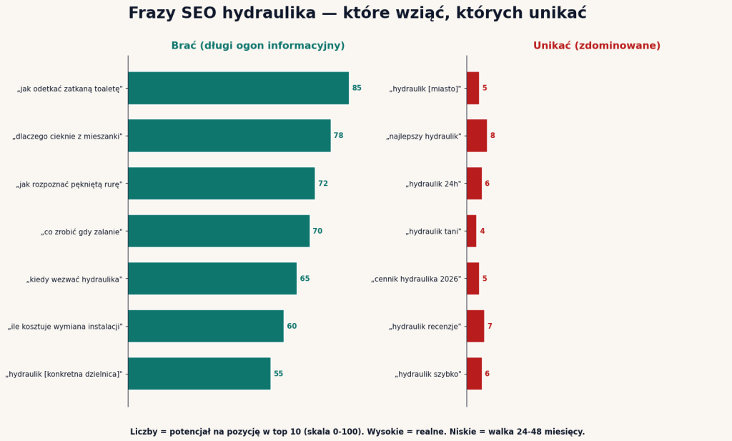 Frazy SEO hydraulika — do wzięcia (długi ogon informacyjny) vs do unikania (zdominowane przez stare domeny i agregatory)