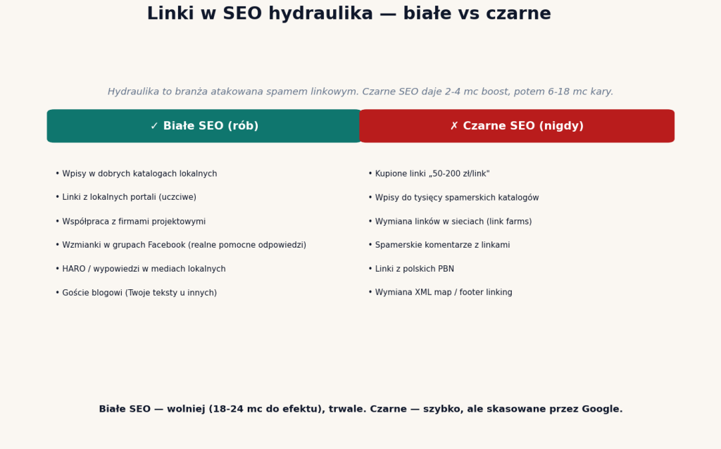 Linki w SEO hydraulika — białe (katalogi lokalne, HARO, gości blogowi) vs czarne (kupione, PBN, link farms)