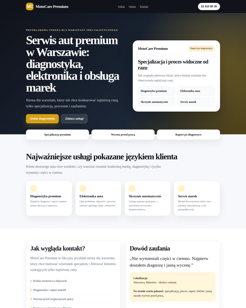 Strona internetowa dla warsztatu samochodowego. 7 elementów, które powinna zawierać 4 Przykładowa statyczna strona warsztatu samochodowego MotoCare Premium