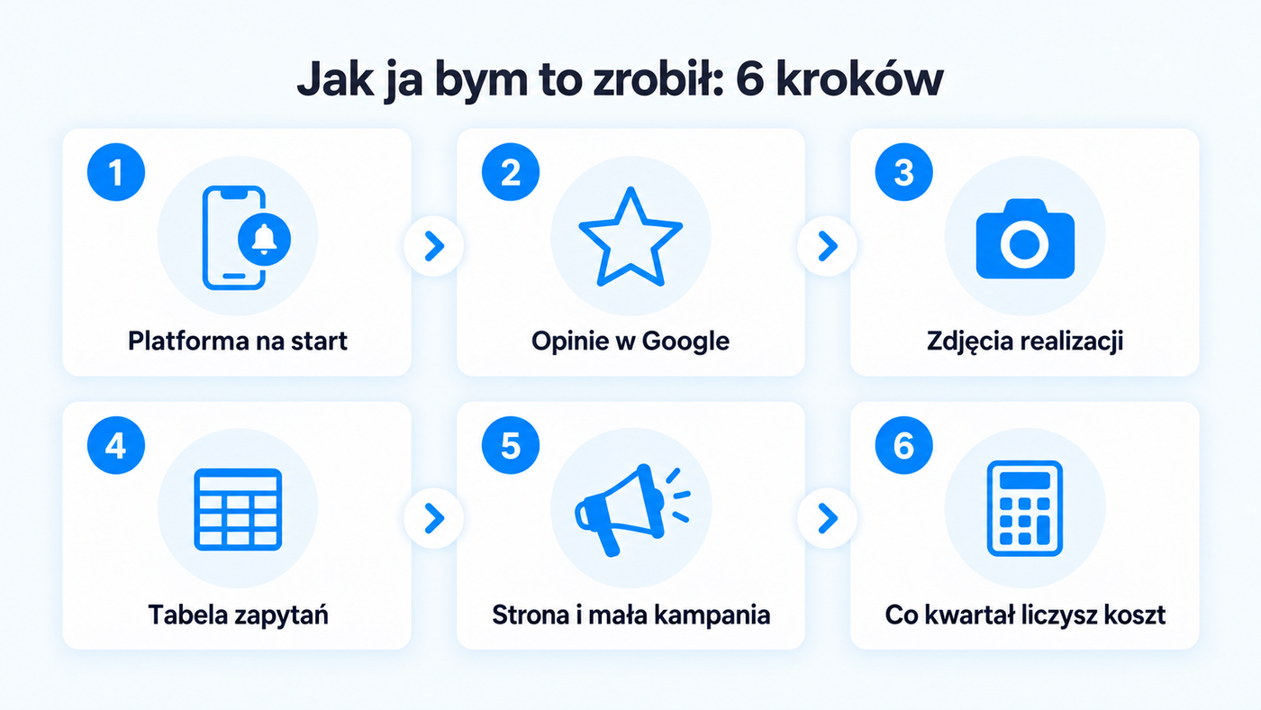 Plan w 6 krokach: platforma na start, opinie w Google, zdjęcia realizacji, tabela zapytań, strona i mała kampania, co kwartał liczysz koszt